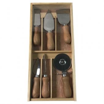 Kit de 6 Peças para Queijo em Aço Inox em Caixa de Madeira Dynasty
