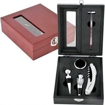 Kit Acessórios para Vinho com 5 Peças e Estojo em Madeira